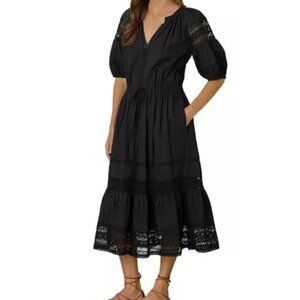 Velvet G&S Andy Short Sleeve Lace Trim Puff Cotton Midi Dress Black S $239